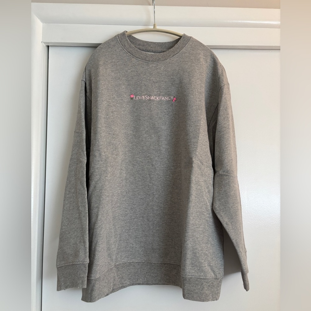 LoveShackFancy Gray Sweatshirt with Pink Embroidered Logo (NWT)